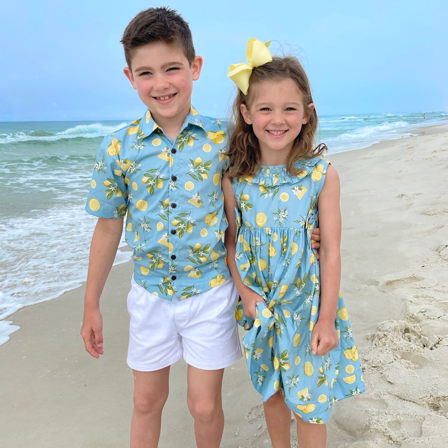 Lemon Blossom Matching Dress and Shirt Set- Blue,6M to 8T