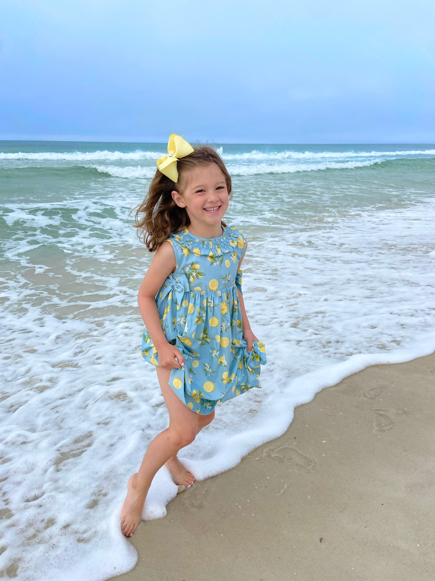 Lemon Blossom Matching Dress and Shirt Set- Blue,6M to 8T