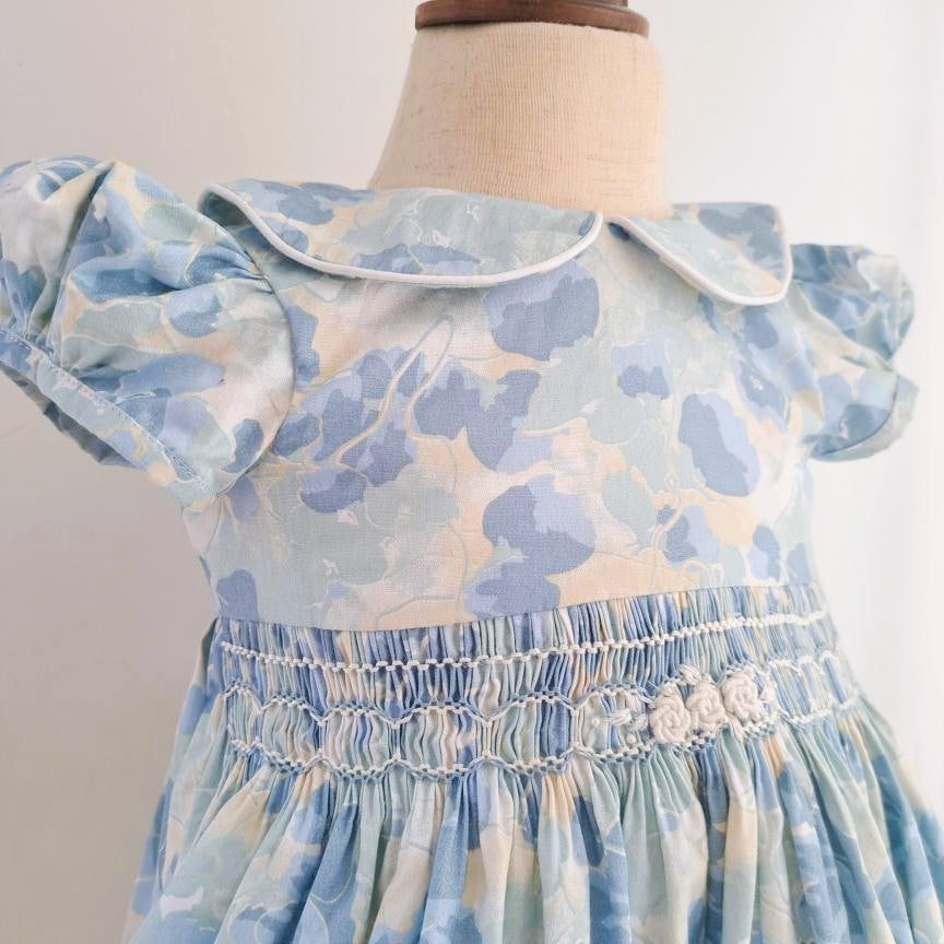 Serene Blue Floral Hand Smocked Dress,6M-10T