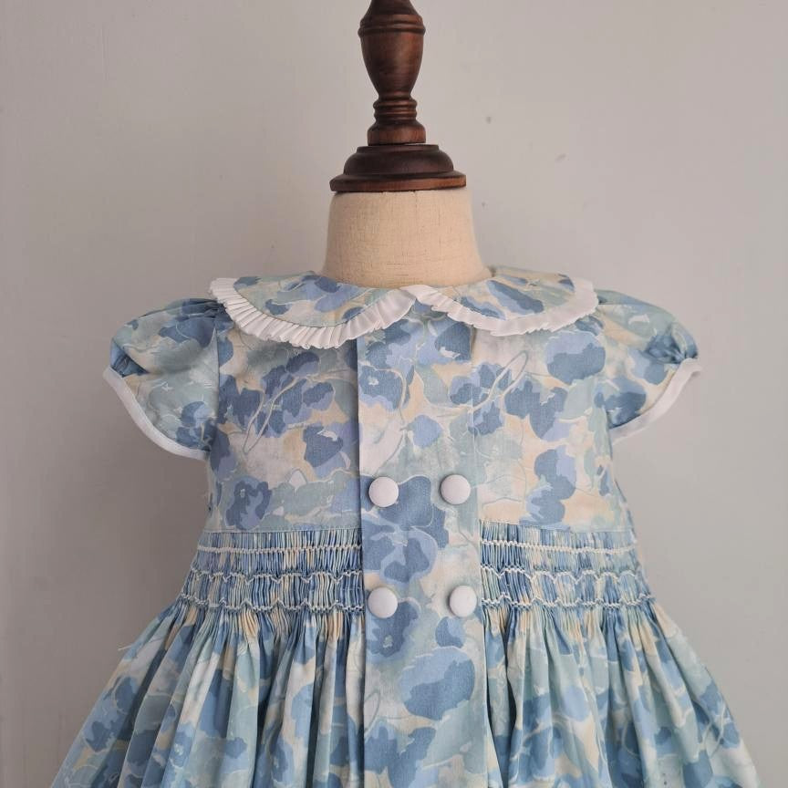 Serene Blue Floral Hand Smocked Dress,6M-10T