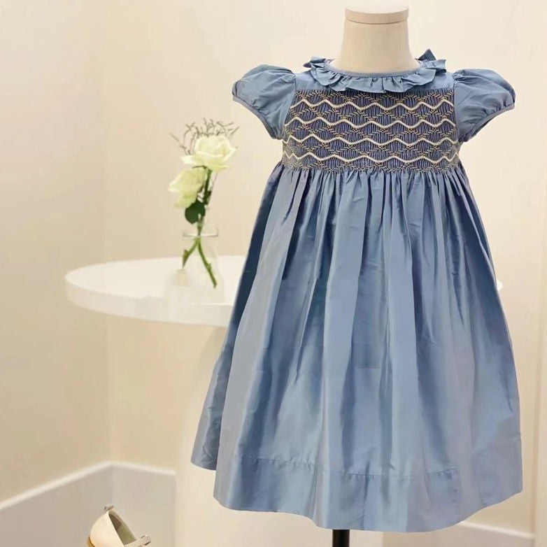 Gorgeous Hand Smocked Dress,Biege/Blue,12M to 8T