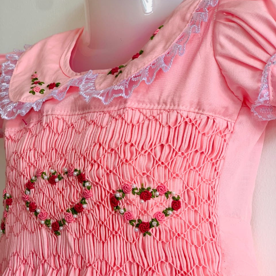 Hand-Smocked Pink Heart Dress,12M to 5T