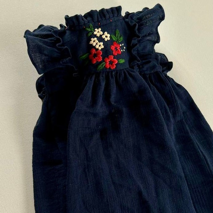 Organic Muslin Hand Embroidered Dress, Blue/Marrygold,6M to 7T.