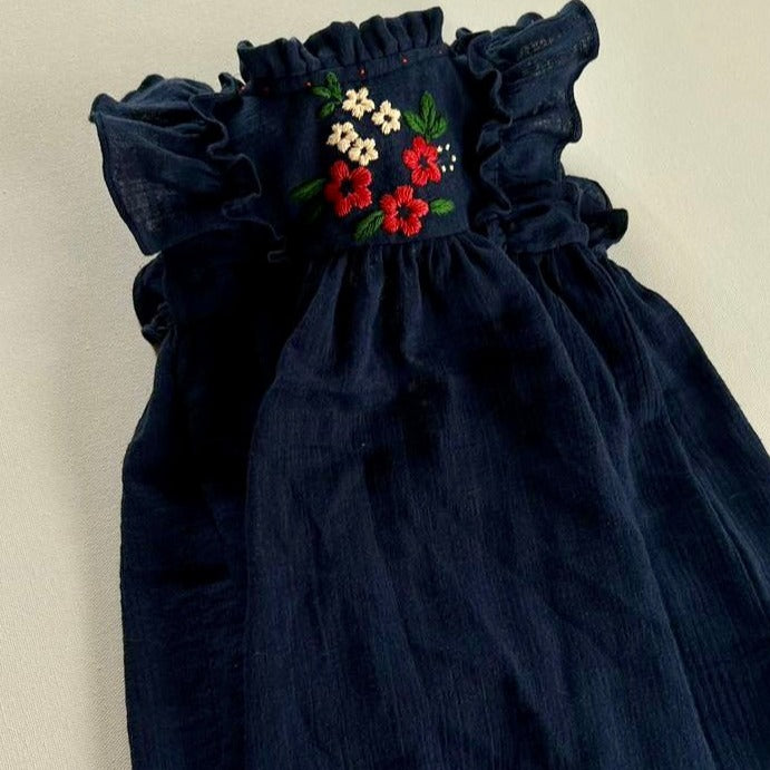 Organic Muslin Hand Embroidered Dress, Blue/Marrygold,6M to 7T.
