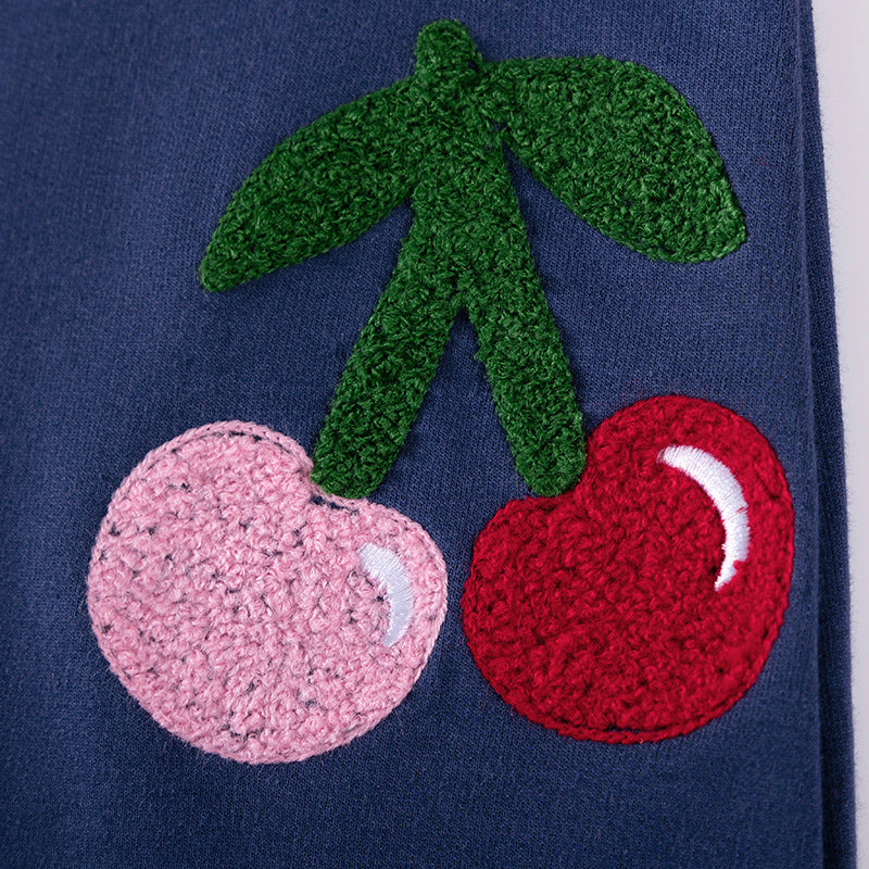 Navy Cherry Embroidered Cotton Dress,2T–7T