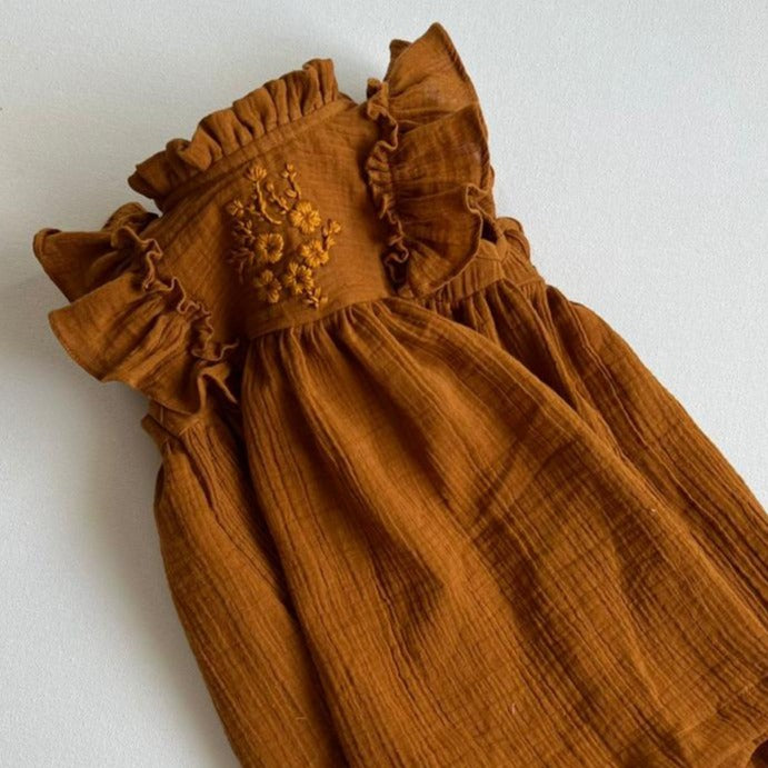Organic Muslin Hand Embroidered Dress, Blue/Marrygold,6M to 7T.
