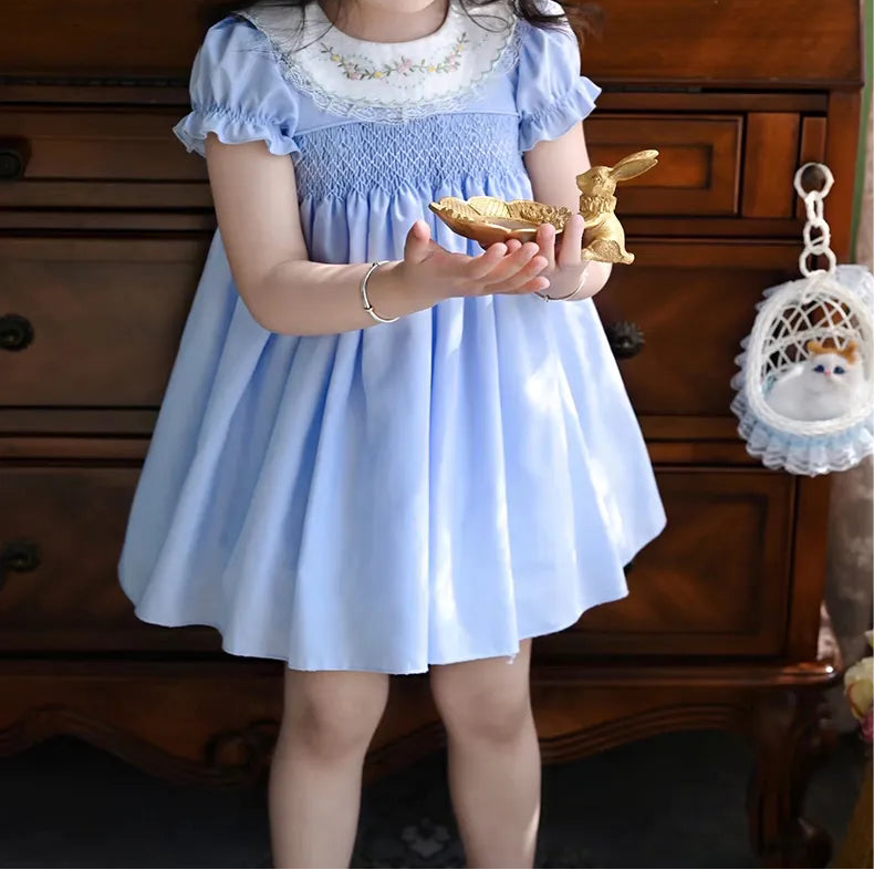 Hand-Smocked Blue Heirloom Dress for Girls,12M–6T