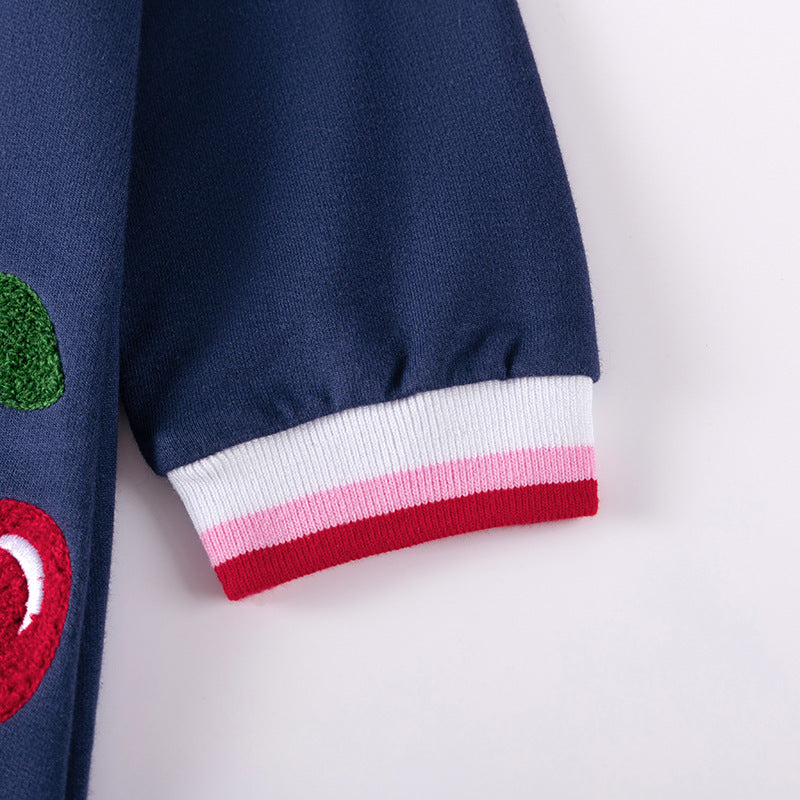Navy Cherry Embroidered Cotton Dress,2T–7T