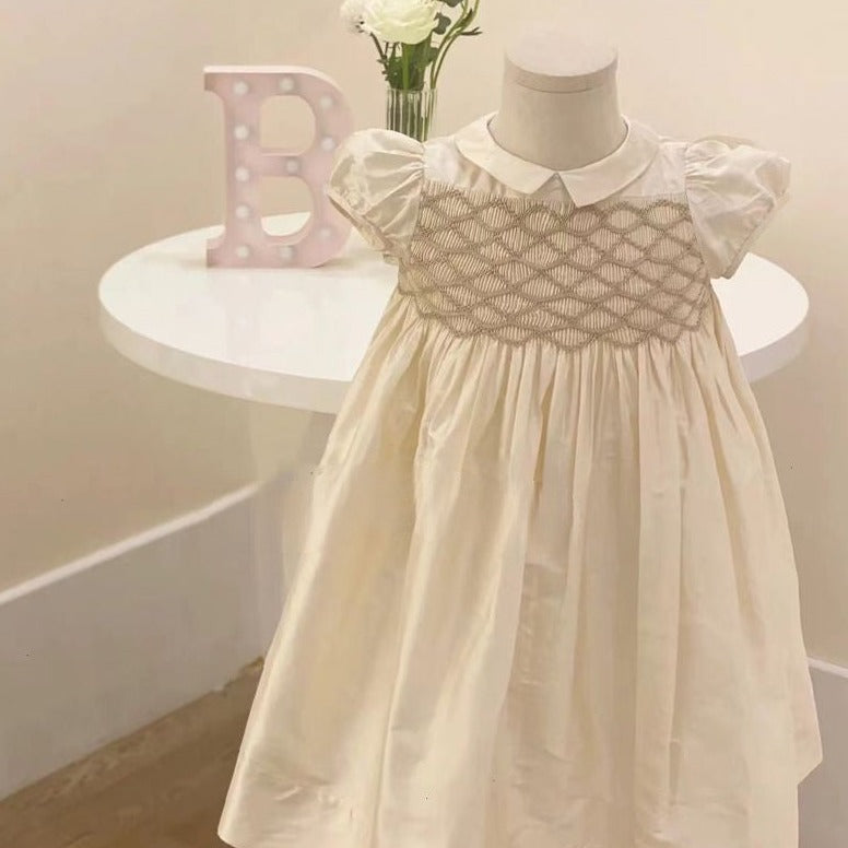 Gorgeous Hand Smocked Dress,Biege/Blue,12M to 8T