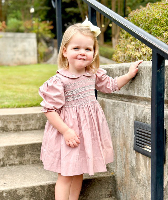 The Rose Blush Hand-Smocked Dress with Pearl Detailing,6M to 8T.