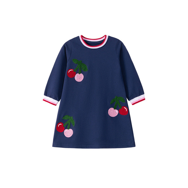 Navy Cherry Embroidered Cotton Dress,2T–7T