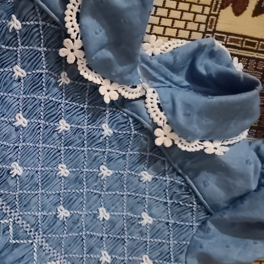 Blue Smocked Dress With Embroidered Bows,3M to 12T.