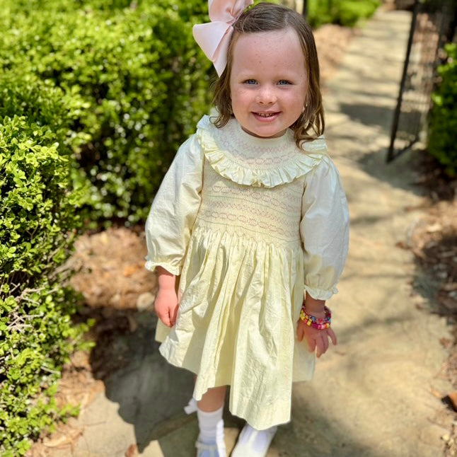 Stunning Full Hand Smocked Dress, White-Blue,Yellow-Pink,6M to 8T Bunch Of Happiness Stunning Full Hand Smocked Dress, White-Blue,Yellow-Pink,6M to 8T Bunch Of Happiness