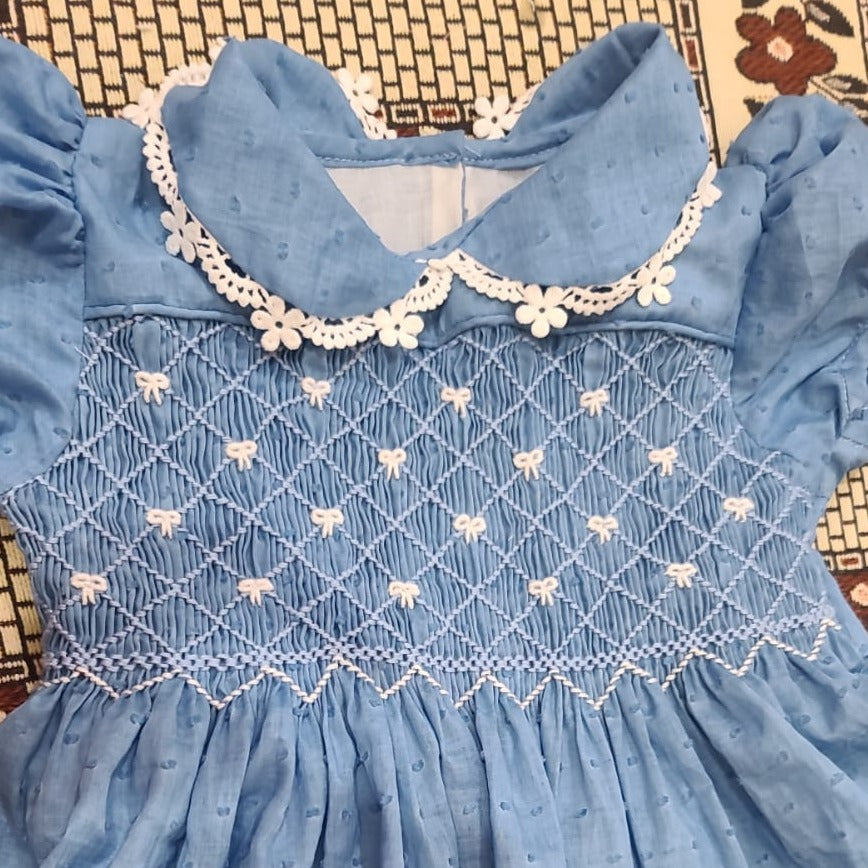 Blue Smocked Dress With Embroidered Bows,3M to 12T.
