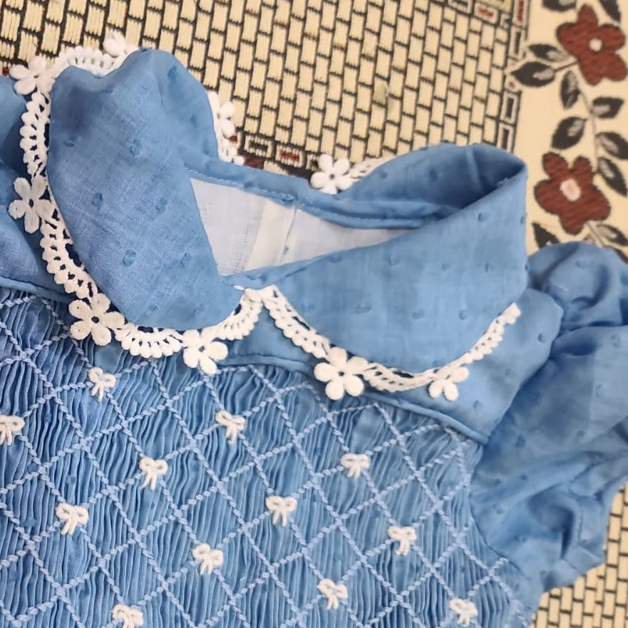 Blue Smocked Dress With Embroidered Bows,3M to 12T.