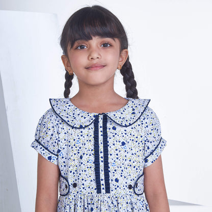 White & Blue Floral Dress,2T to 8T