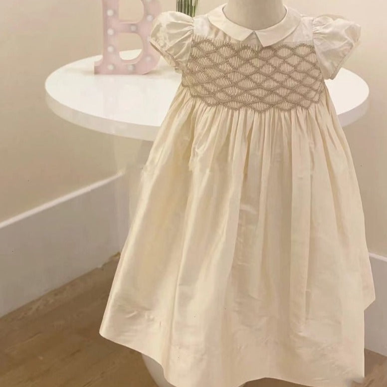 Gorgeous Hand Smocked Dress,Biege/Blue,12M to 8T