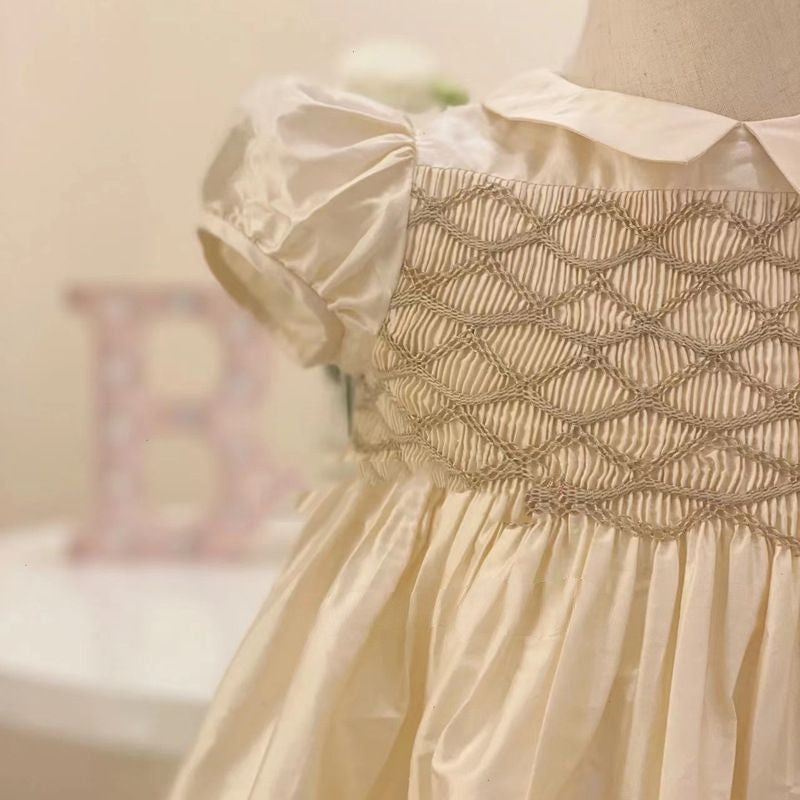 Gorgeous Hand Smocked Dress,Biege/Blue,12M to 8T