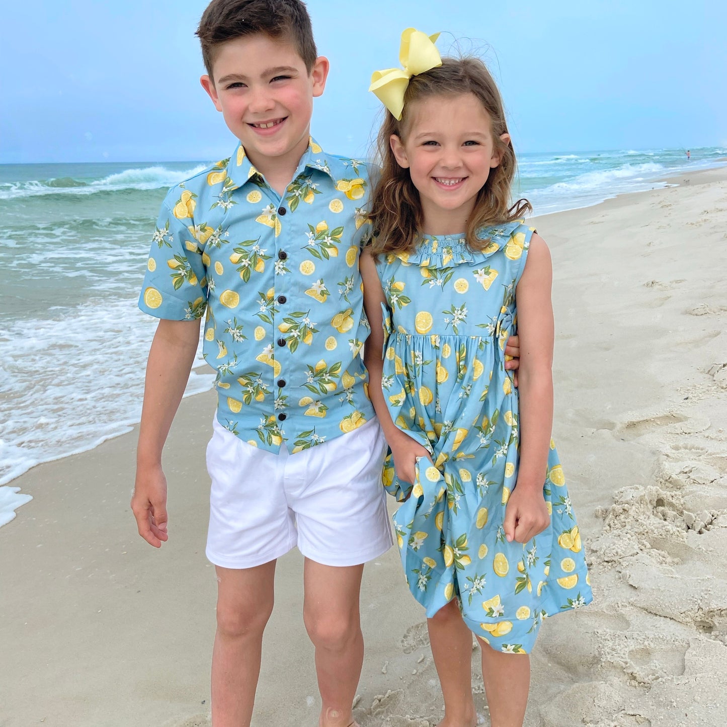 Lemon Blossom Matching Dress and Shirt Set- Blue,6M to 8T