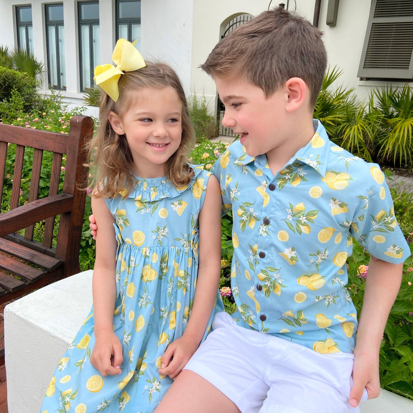 Lemon Blossom Matching Dress and Shirt Set- Blue,6M to 8T