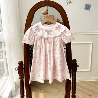 Adorable Bow Embroidered Dress,Pink/Blue,2T to 7T.