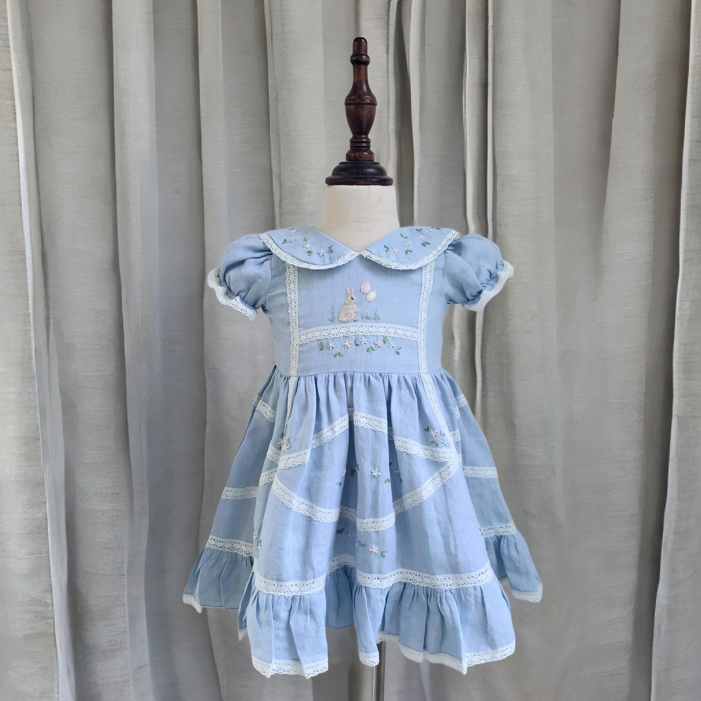 Whimsical Blue Linen Hand Embroidered Bunny Dress,3M to 8T.