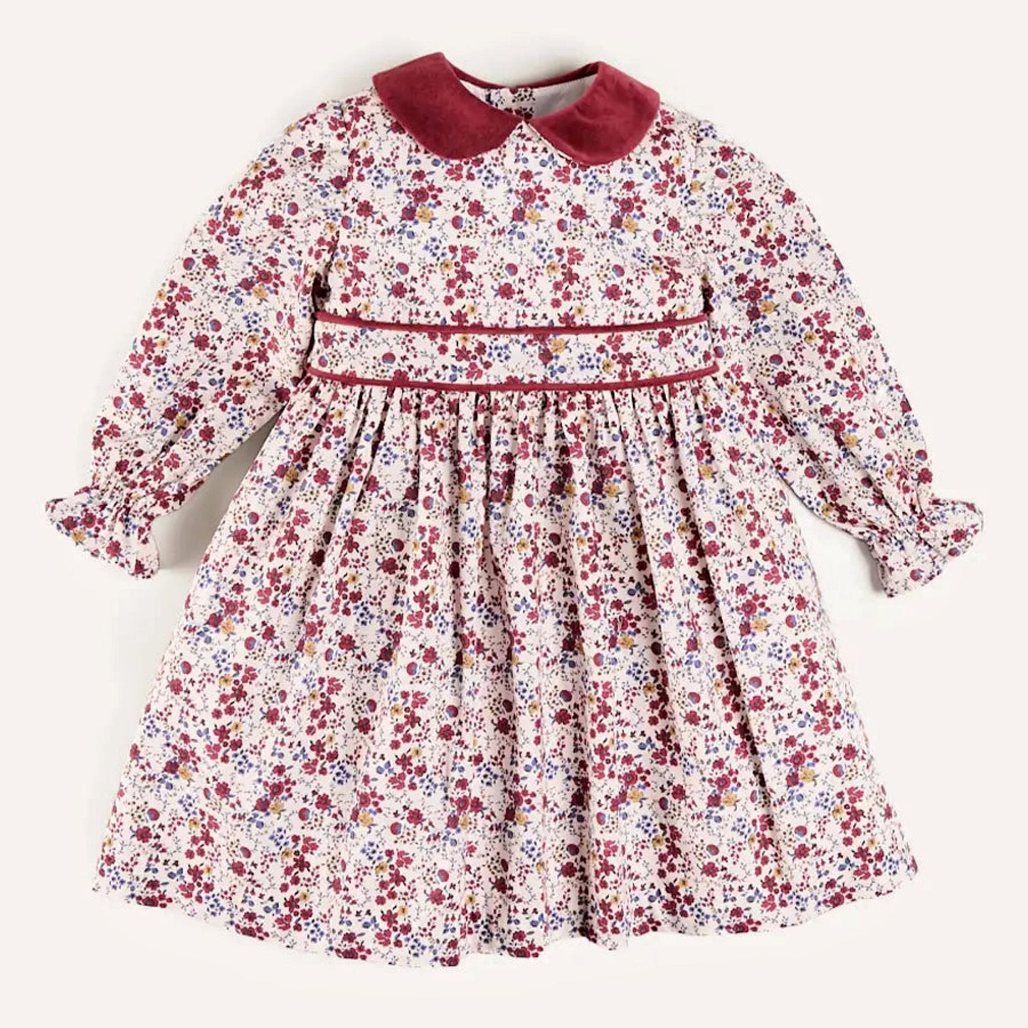 Vintage Floral Cotton Dress with Velvet Collar,12M - 7T