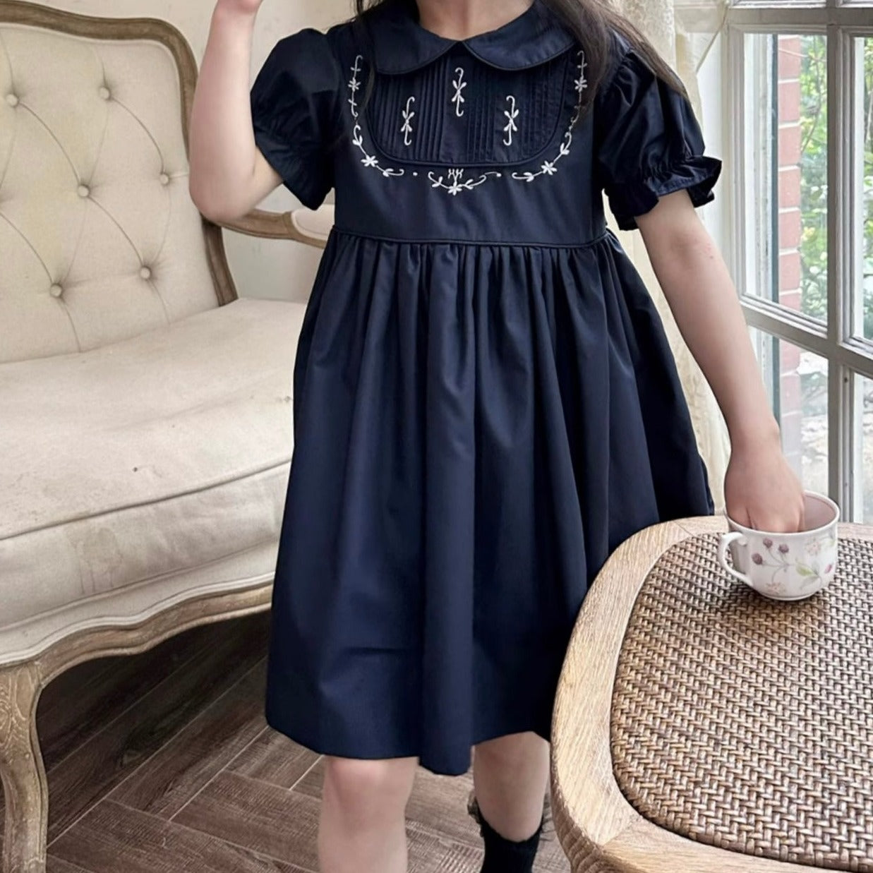 Stunning Dark Blue Embroidered Dress,