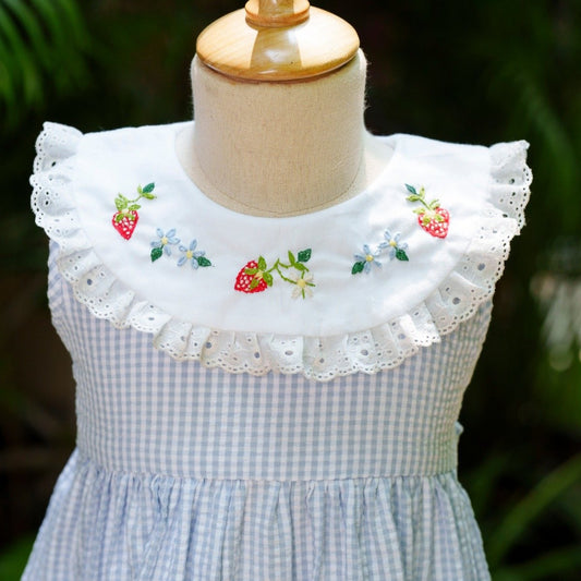 Blue Gingham Strawberry Embroidered Collar Dress, (12M–5T)