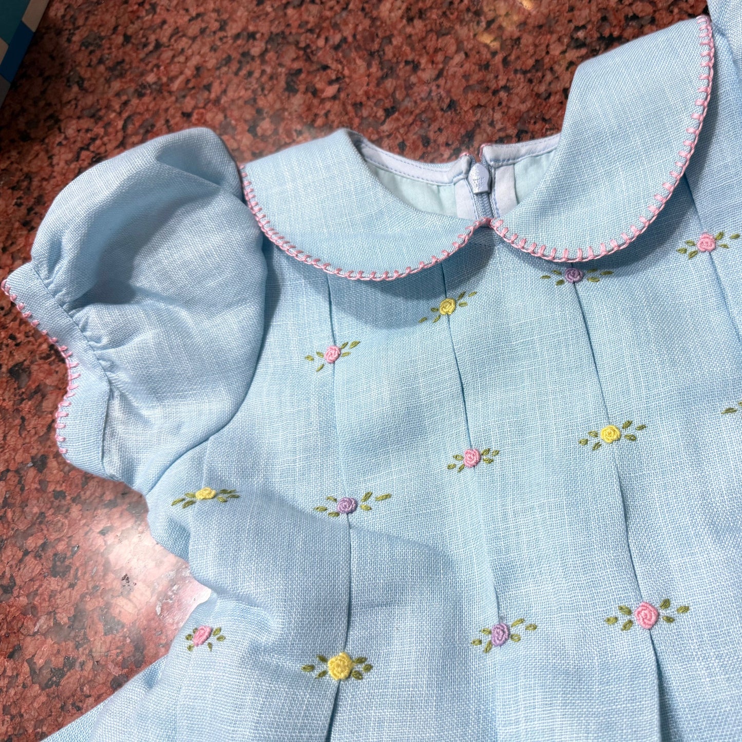 Classic Bullion Rose Hand Embroidered Dress (6M–8T) | Blue & White