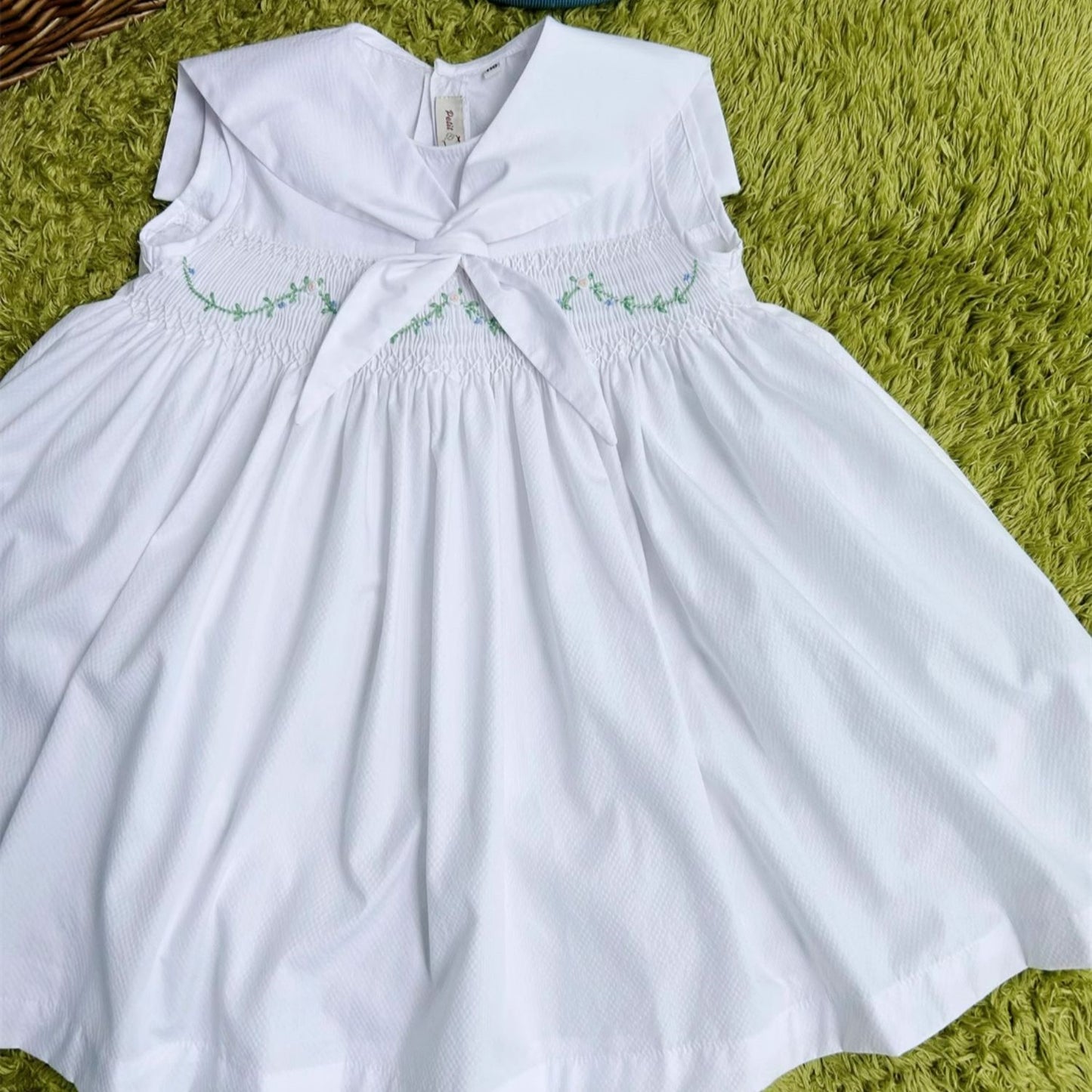 Hand Smocked Navy Collar Dress,12M to 7T.