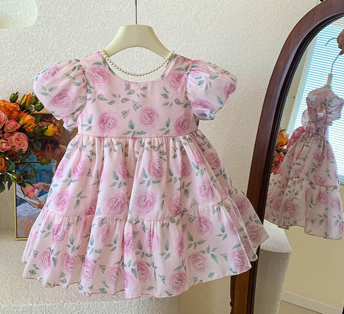 Rose Print Spring Dress,2T to 7T.