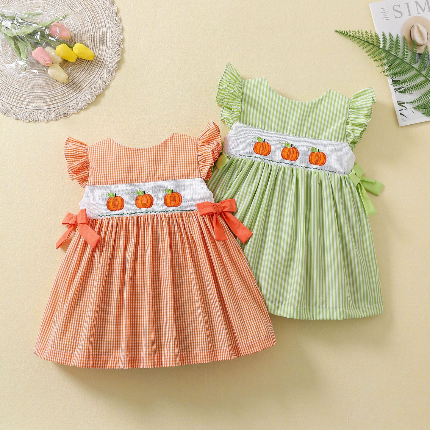Cute Pumpkin Embroidered Dresses,12M to 5T.