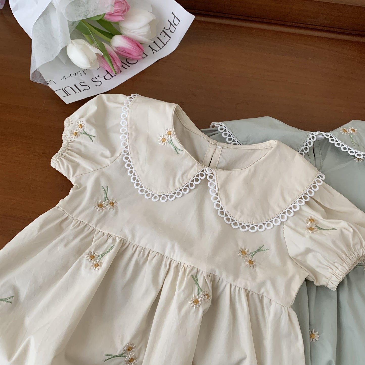 Cute Peter Pan Collar Embroidered Dress,Apricot/Green,12M to 6T.