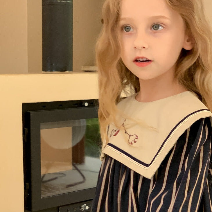 Cute Navy Stripped Embroidered Dress,2T to 7T