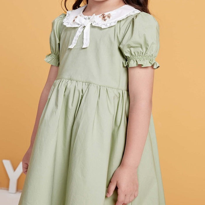 Cute Peter Pan Collar Dress With Embroidery,Green/Purple,12M to 5T.
