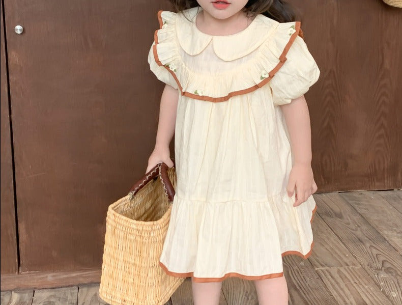 Cute Biege Peter Pan Collar Dress,2T to 6T.