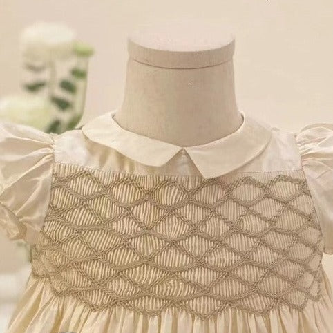 Gorgeous Hand Smocked Dress,Biege/Blue,12M to 8T