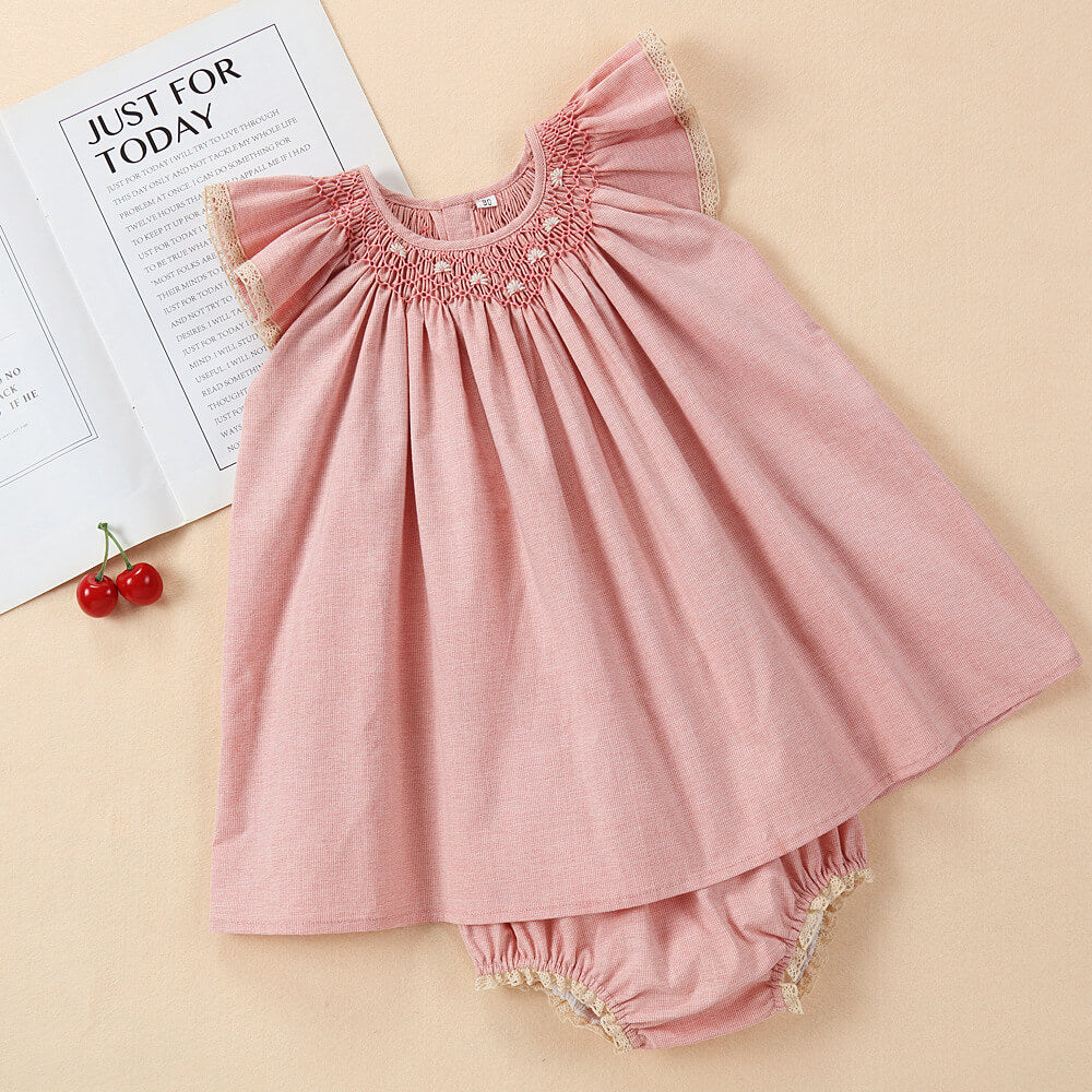Pink Hand Smocked Dress With Bonnet & Shorts,3M to 4T.