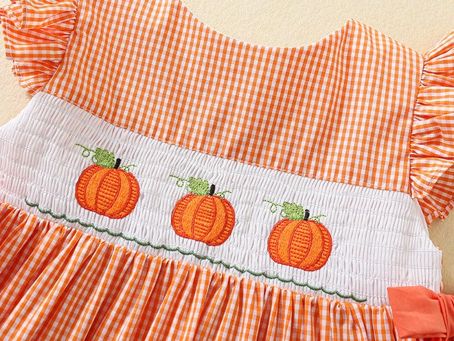 Cute Pumpkin Embroidered Dresses,12M to 5T.