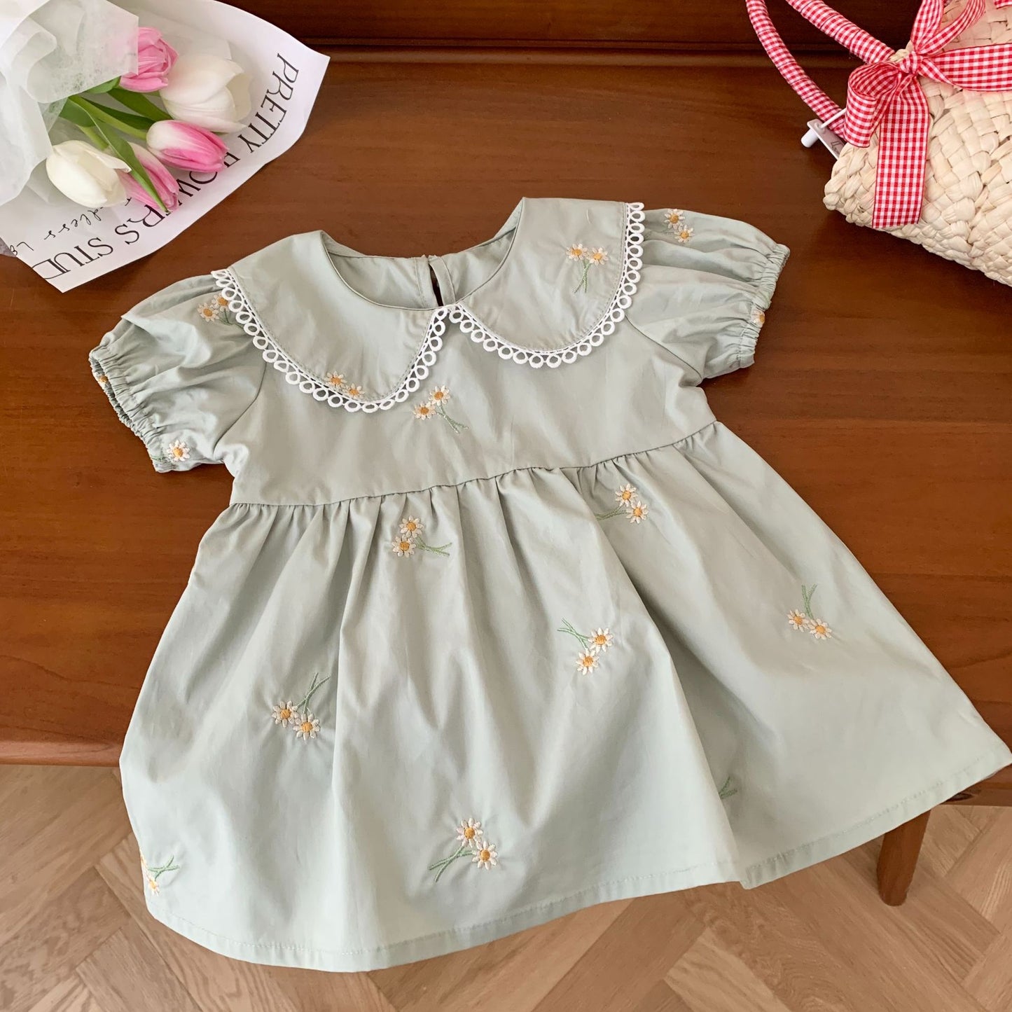 Cute Peter Pan Collar Embroidered Dress,Apricot/Green,12M to 6T.