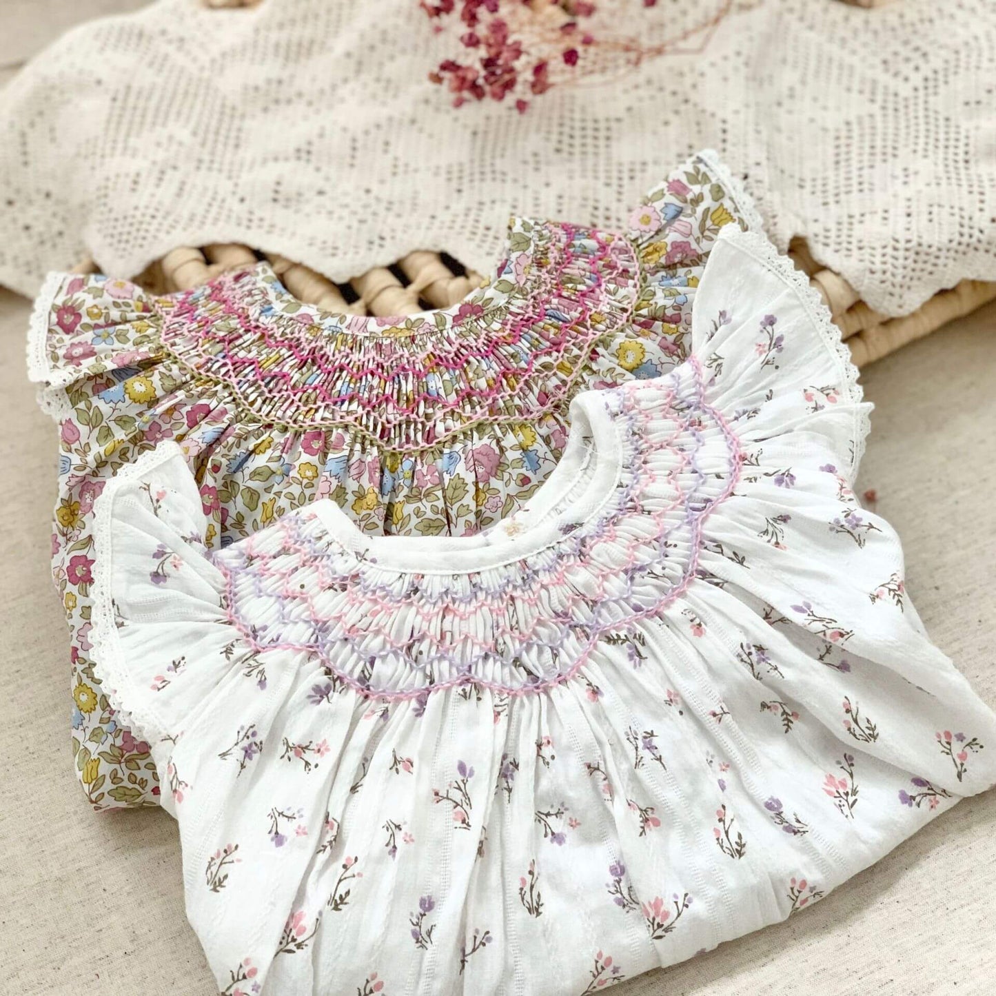 Cute Smocked Bishops,White/Floral,2T to 6T.