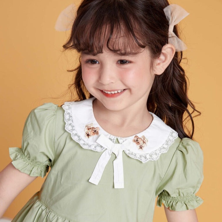 Cute Peter Pan Collar Dress With Embroidery,Green/Purple,12M to 5T.