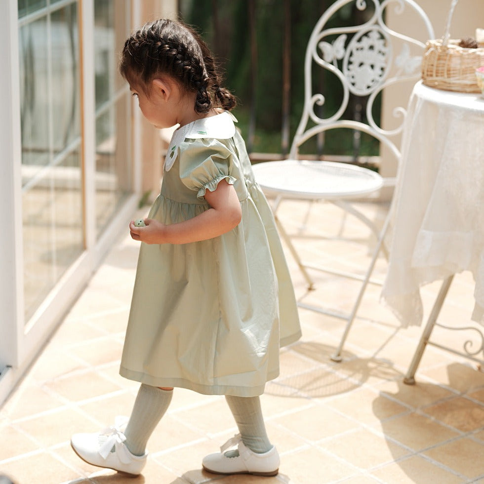 Light Green Embroidered Petal Collar Dress,12M to 6T.