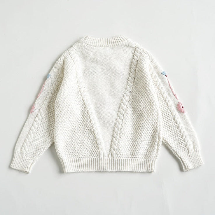 White Hand Embroidered Pullover Sweater,2T to 6T.