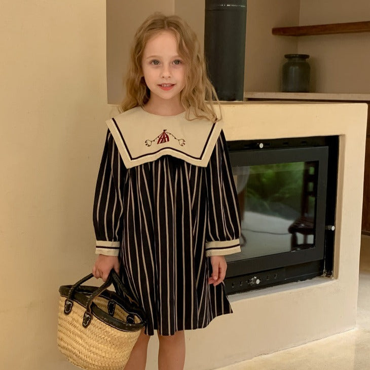 Cute Navy Stripped Embroidered Dress,2T to 7T