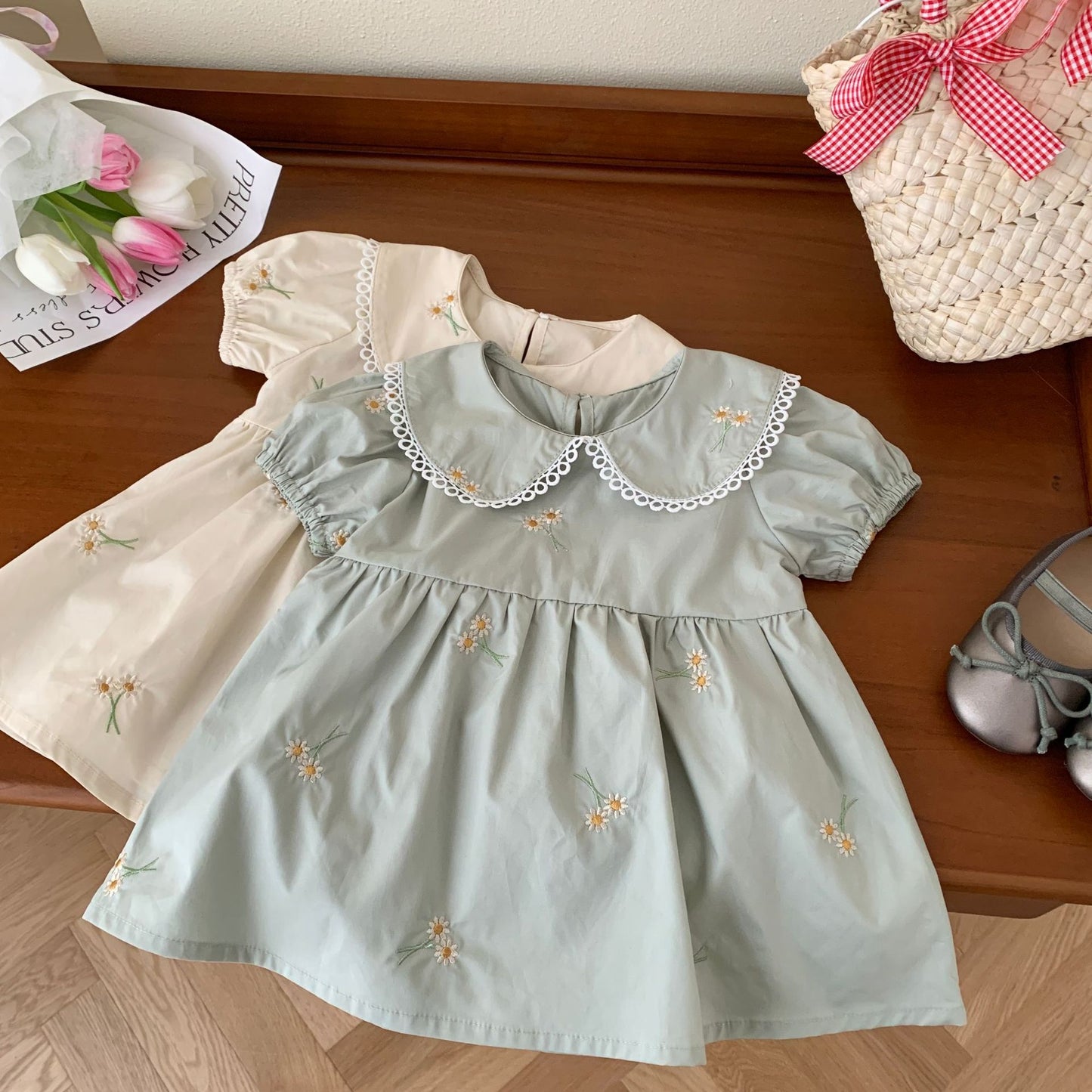 Cute Peter Pan Collar Embroidered Dress,Apricot/Green,12M to 6T.