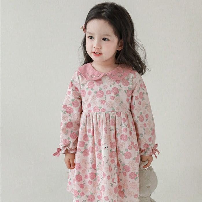 Pink Floral Dress With Embroidered Collar,12M to 6T.