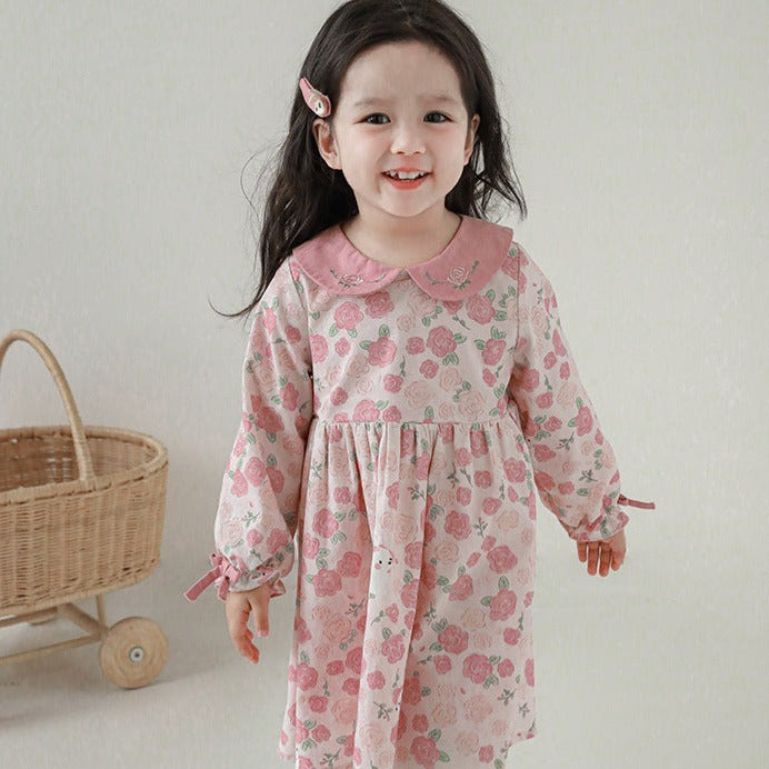 Pink Floral Dress With Embroidered Collar,12M to 6T.