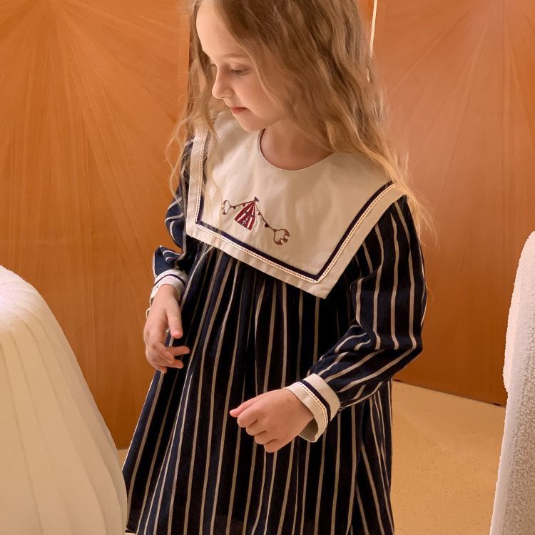 Cute Navy Stripped Embroidered Dress,2T to 7T